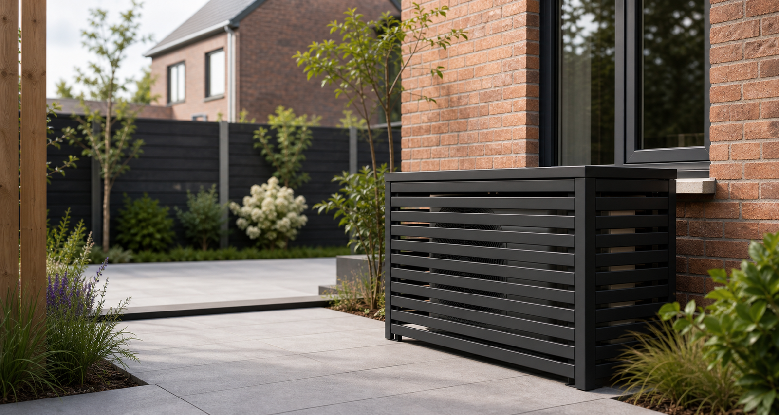 Premium antraciete airco behuizing in Nederlandse tuincontext