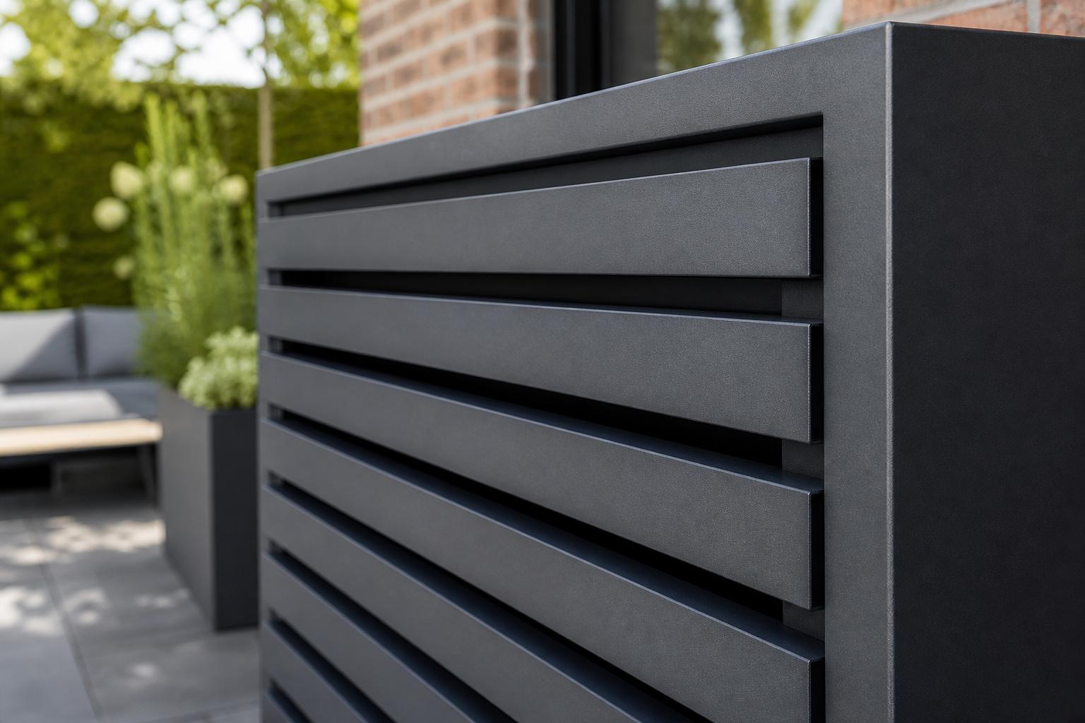 Premium detail van matte slatten en materiaalafwerking van airco behuizing