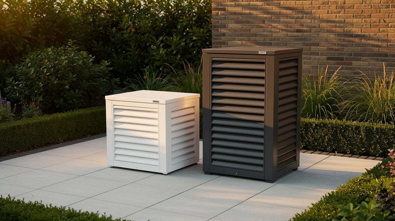 Compact witte en ruime antracieten airco omkasting naast elkaar op een tuinterras
